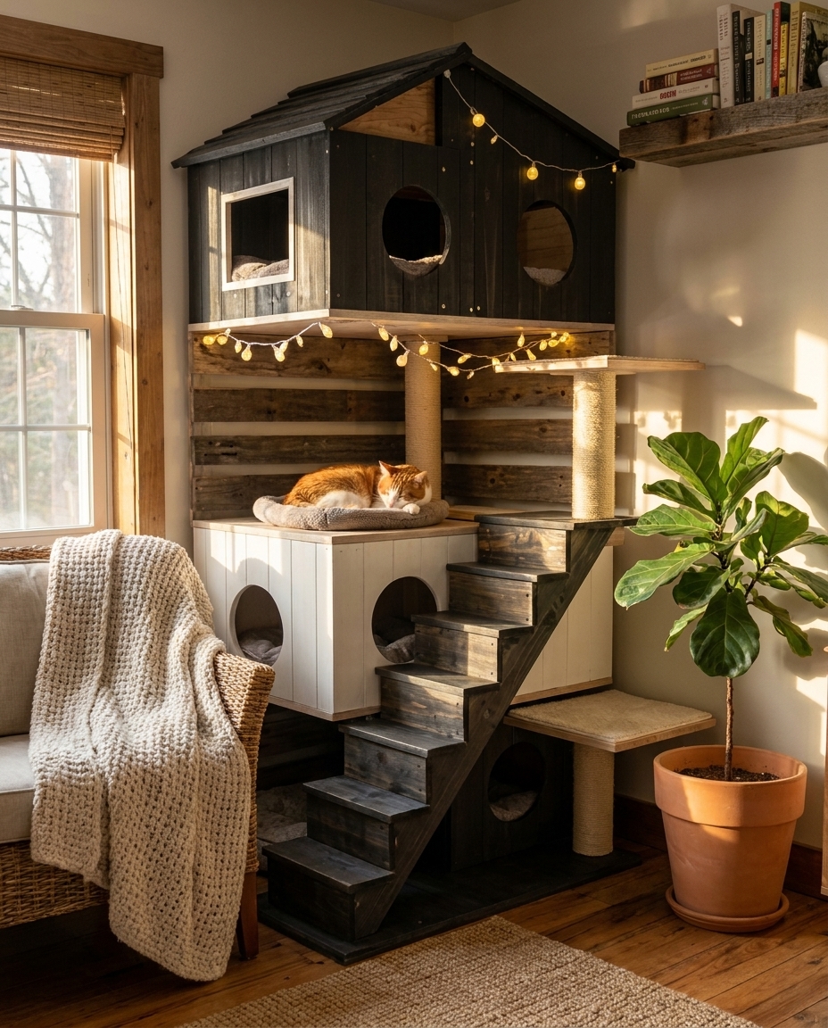 Casa para gatos de madeira rústica integrada à decoração de uma sala